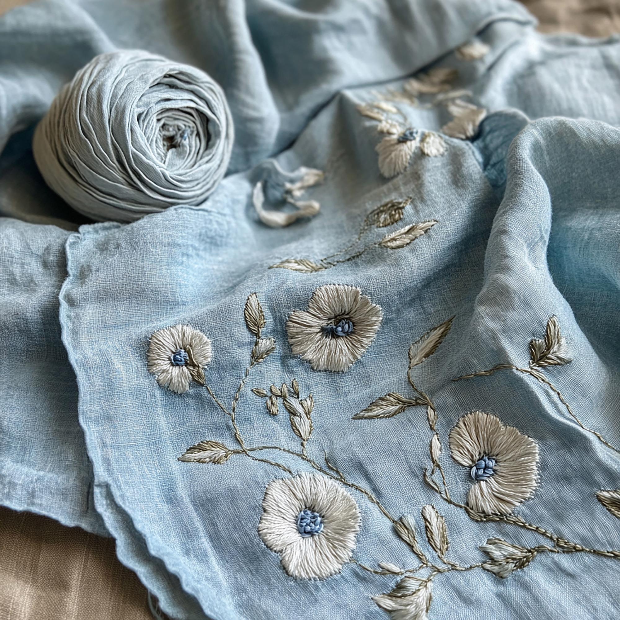 Hand-stitched floral motif on linen napkin